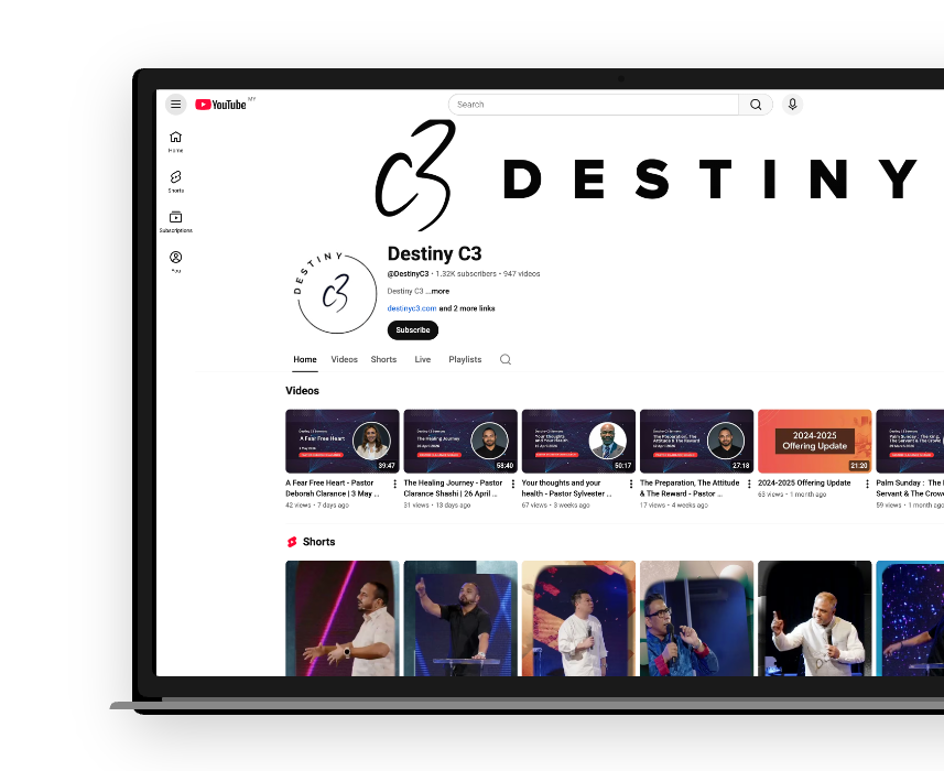 Destiny C3 YouTube channel shown on a laptop